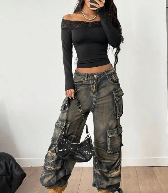 Women's Off-Shoulder Lace Trim Long-Sleeve Solid Color Base Top Trendy Feminine Top Ideal for Leisure Wear