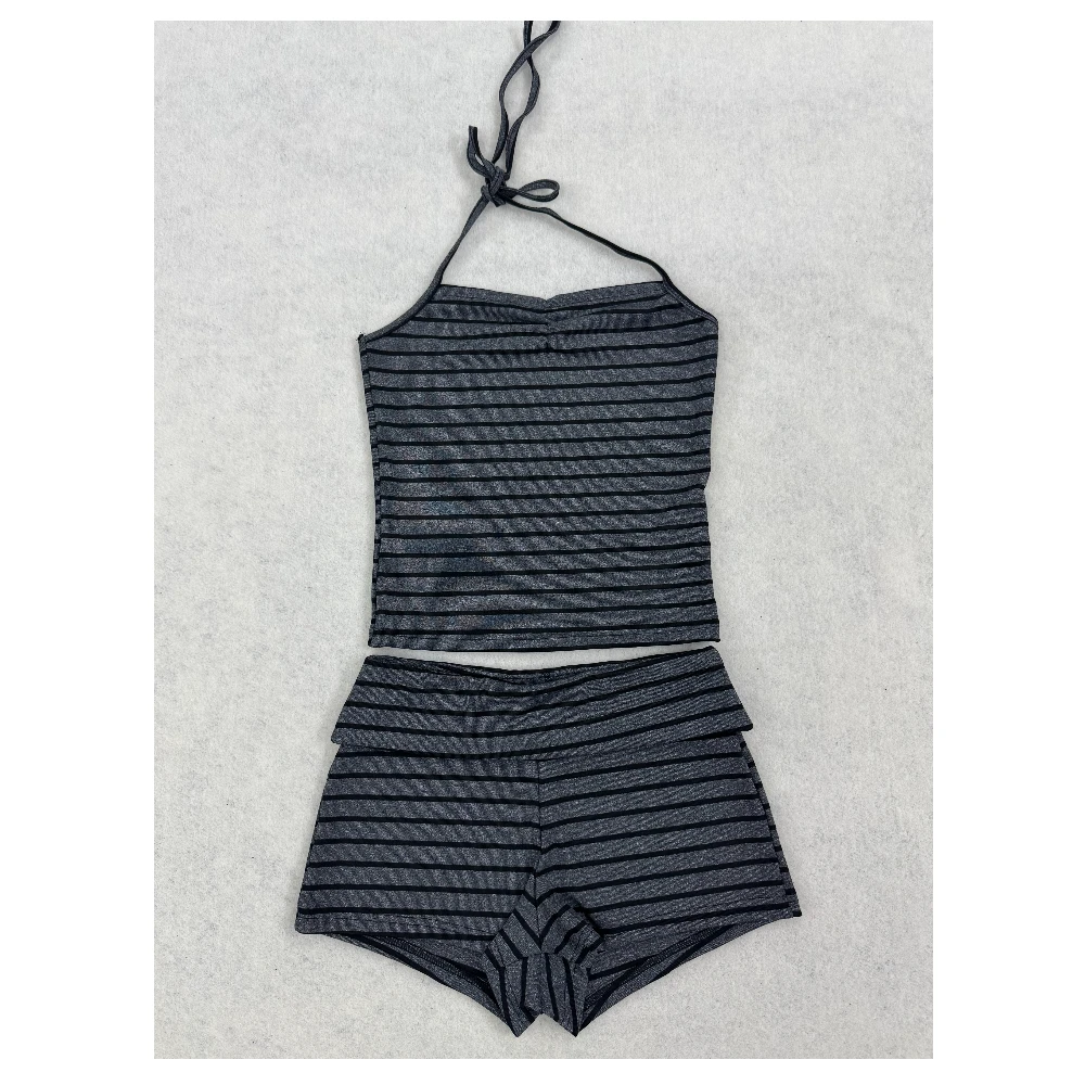 Harajuku Grunge punk Striped style pleated High street hanging neck vest Low waisted Y2k American Casual Shorts two-piece sets