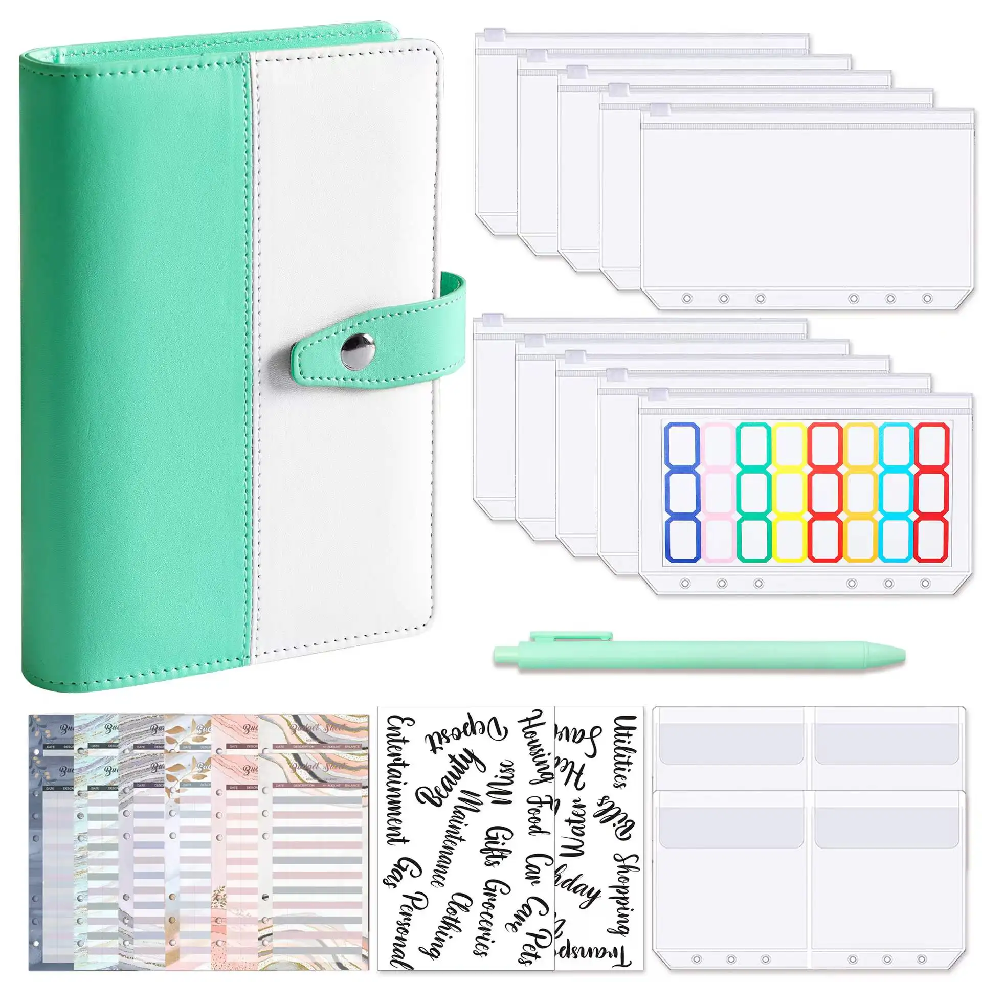 

A6 Budget Binder Planner Organizer Cash Envelopes with 12 Binder Pockets, Expense Budget Sheets, Sticker Labels for Money Saving