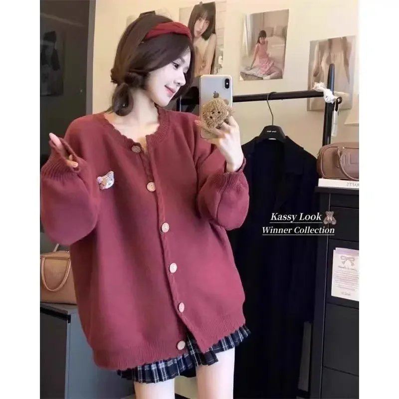 Vintage Sweet Gentle Women Autumn Winter Lazy Chic Loose Casual Knit Cardigan Sweater Coat