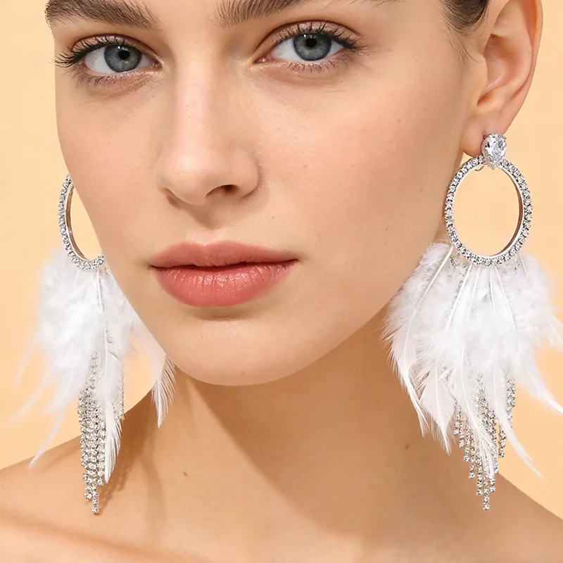 new feather fringed earrings exaggerated design sense rhinestone earrings catwalk accessories women's earrings