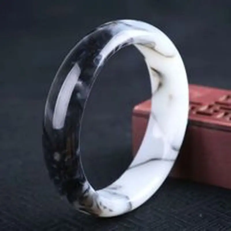 Xinjiang Gobi Sheep Fat White Blue Flower Bracelet for Women, Vintage Patterned Jade Bangle