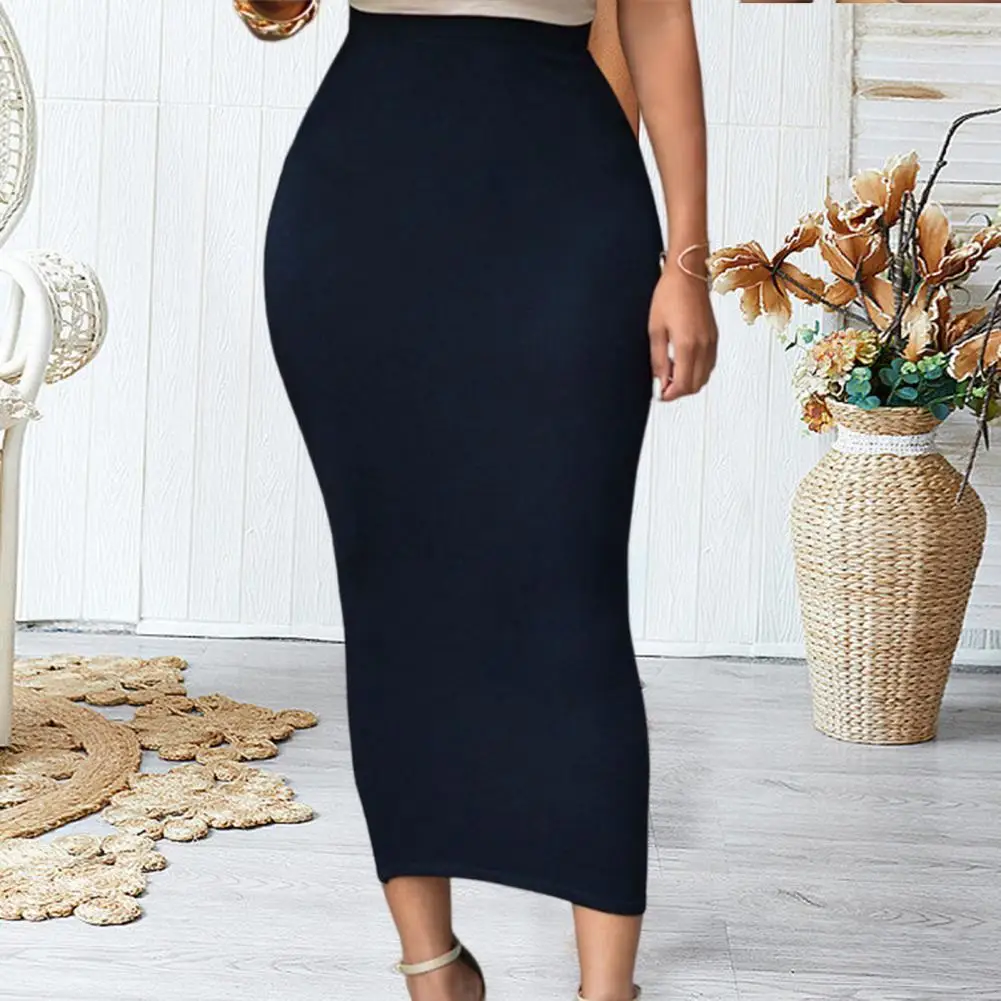 

Women Skirt Solid Color Elastic Bodycon High Waist Dating Skirt Match Top Comfortable Mid-calf Length Sheath Skirt Women Garment