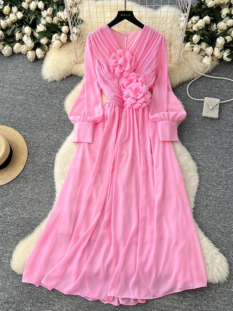 

Spring Autumn Fashion 3D Floral Dress for Women New Fashion V-neck Lantern Sleeve Waist Birthday Party Big Pendant Dress C229