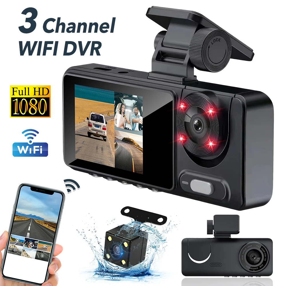 

1080P 3 Channel WiFi Dash Cam for Cars Front/Inside/Rear View Camera DVR Video Recorder Driving Recorder Night Vision G-sensor