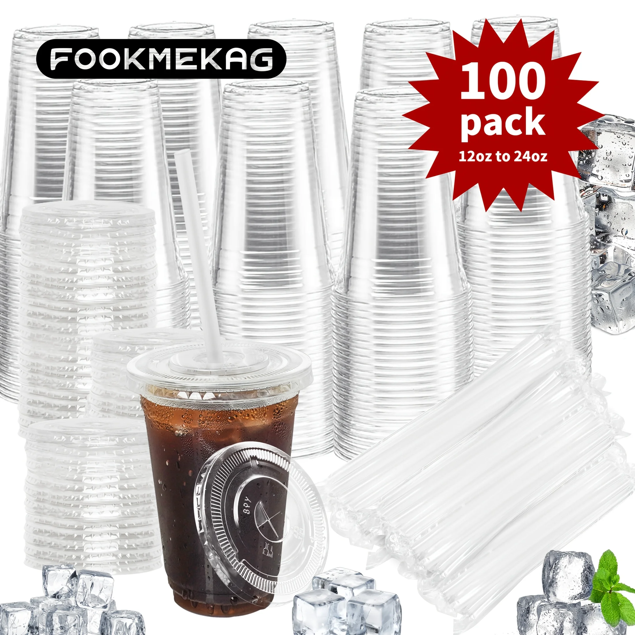 

100 Sets of Disposable Transparent Plastic Cups with Flat Lids And Straws, PET Plastic Cups, Reusable, Disposable Drinking Cups, Suitable for Ice Cream, Iced Coffee, Tea, Christmas Events, Halloween Events, Camping, Parties
