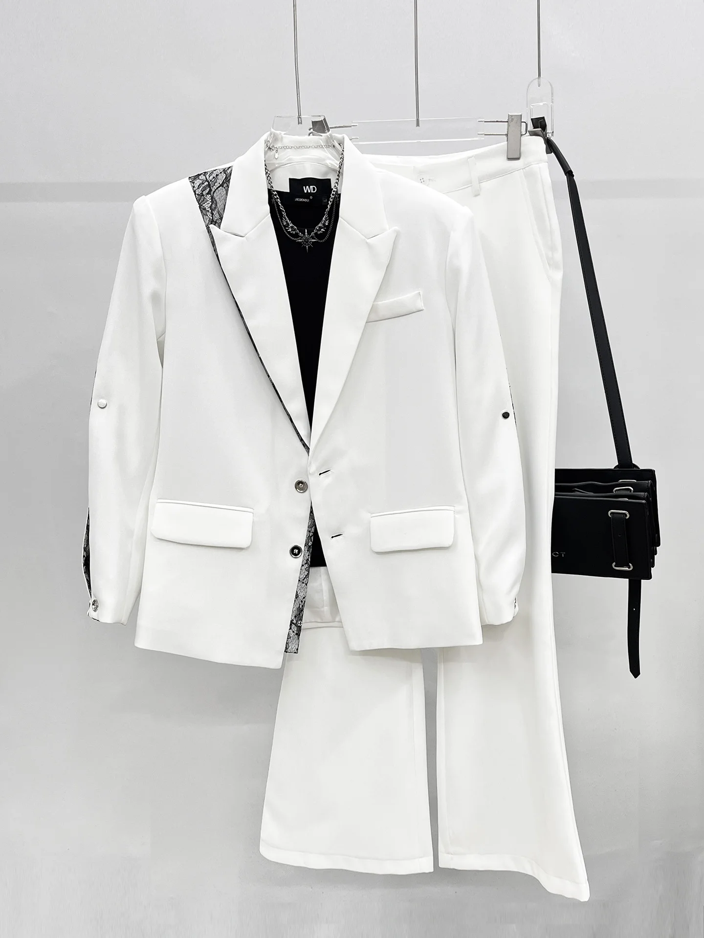 

Korean Style Handsome White Suit Set Men's Lightweight Luxury Lace Deconstructed Patchwork High-End Loose Suit Jacket