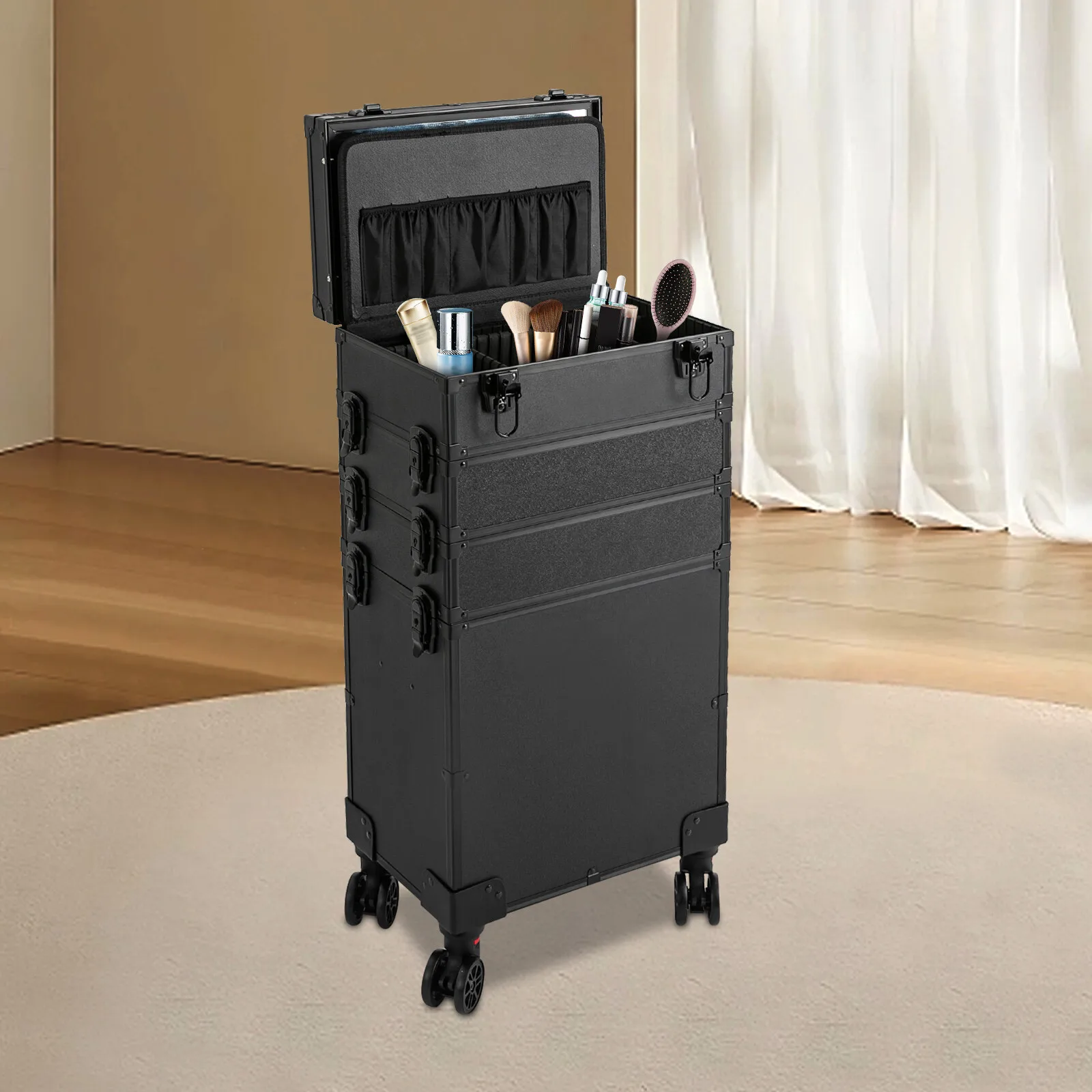 

Pro Rolling Makeup Case Modern Black Cosmetic Suitcase w/4 Dimmable LED Lights