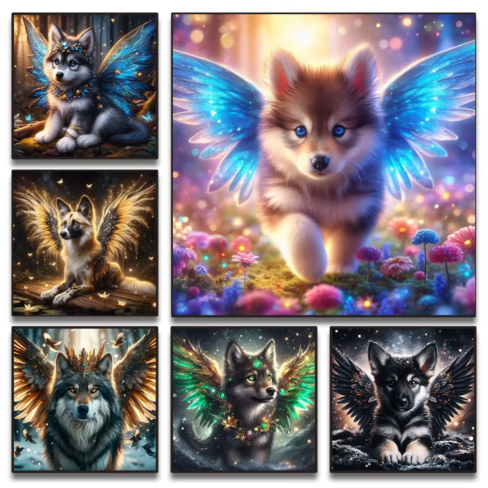 DIY Diamond Embroidery Wolf Dog with Angel Wings 5D Full Frill Animal Diamond Painting Square Round Mosaic Kit for Home Decor