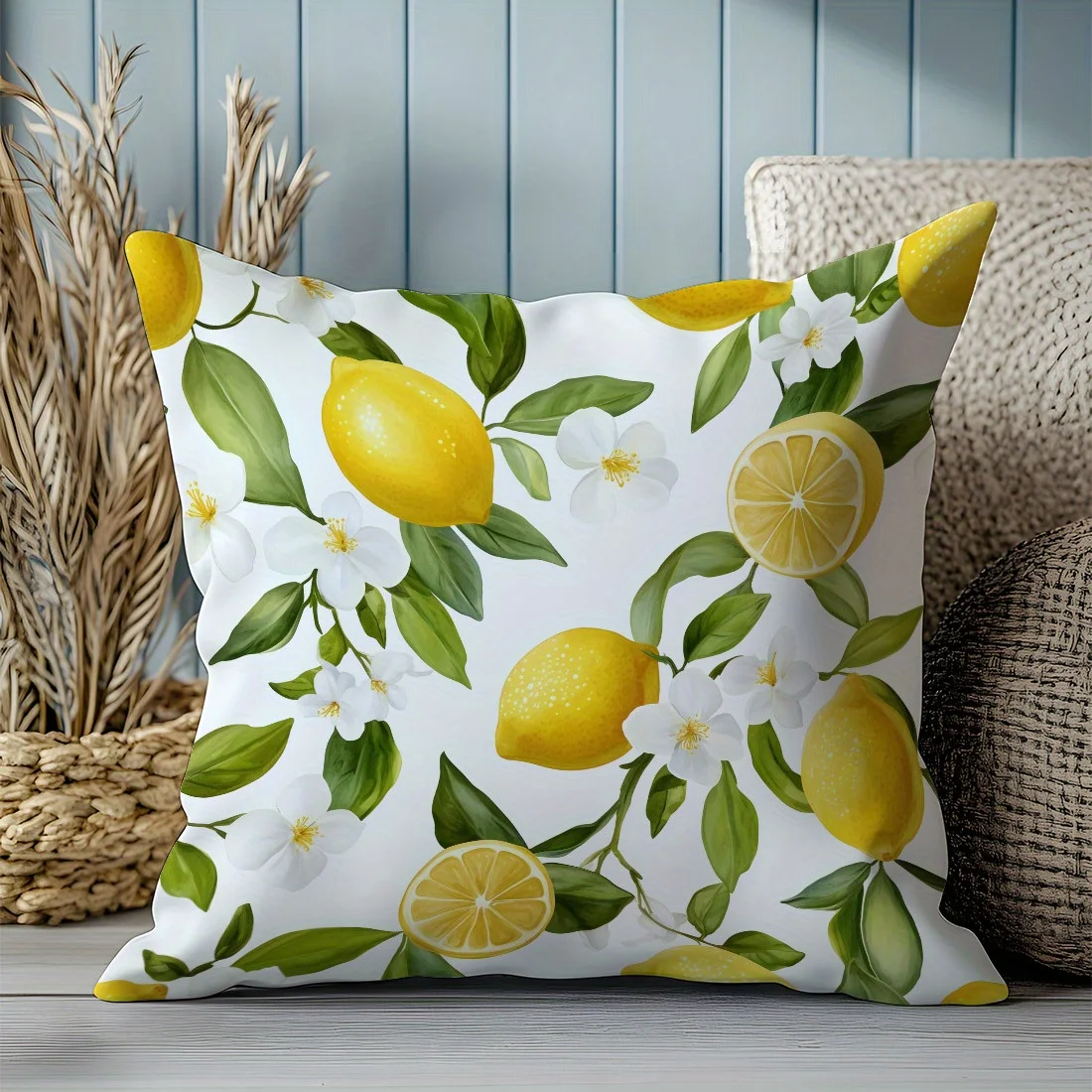 1PC Throw Pillow Cover,Lemon Leaf Citrus Print,Fresh Botanical Style,For Sofa Bedroom Couch Home Decor