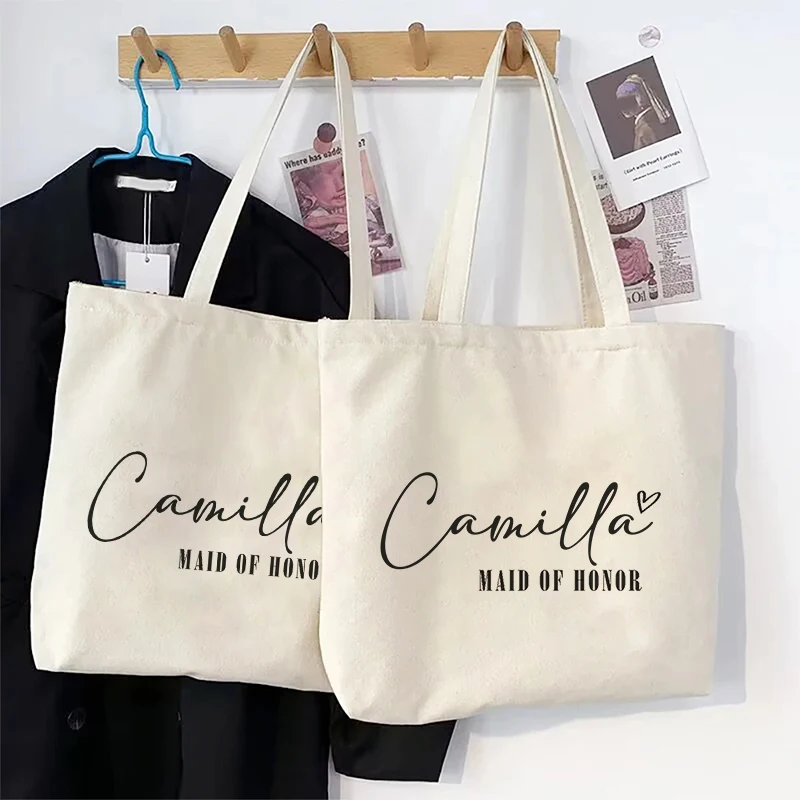 Maid of Honor Personalized Name Canvas Tote Bag Organizer Bridesmaid Customized Shoulder Bag Large Capacity Handbag Wedding Gift