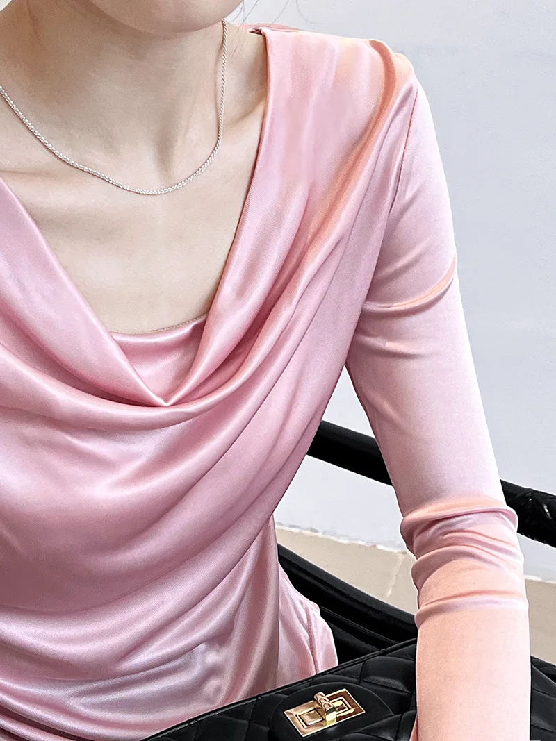 Women's Spring Summer Thin Imitation Silk T-shirt Female elastic Casual Breathable Summer Acetic Acid Shirt Tops TB009