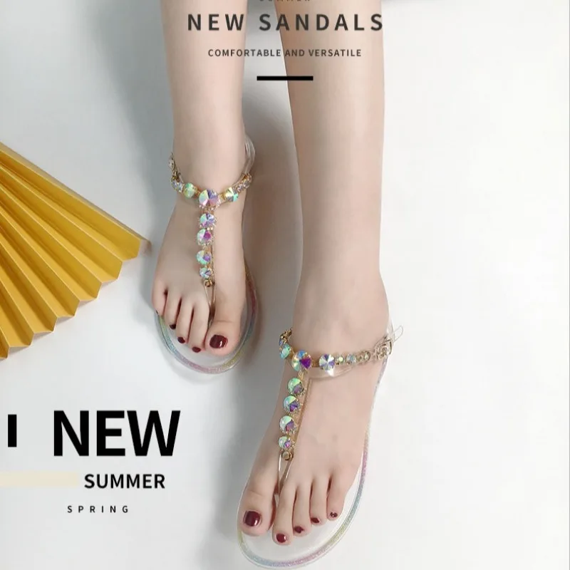Size 36-42 Women Girls Jelly T- Tied Sandals INS Hot Sales Diamond Transparent PVC Summer Berach Flip-flop Shoes S1055 view 3