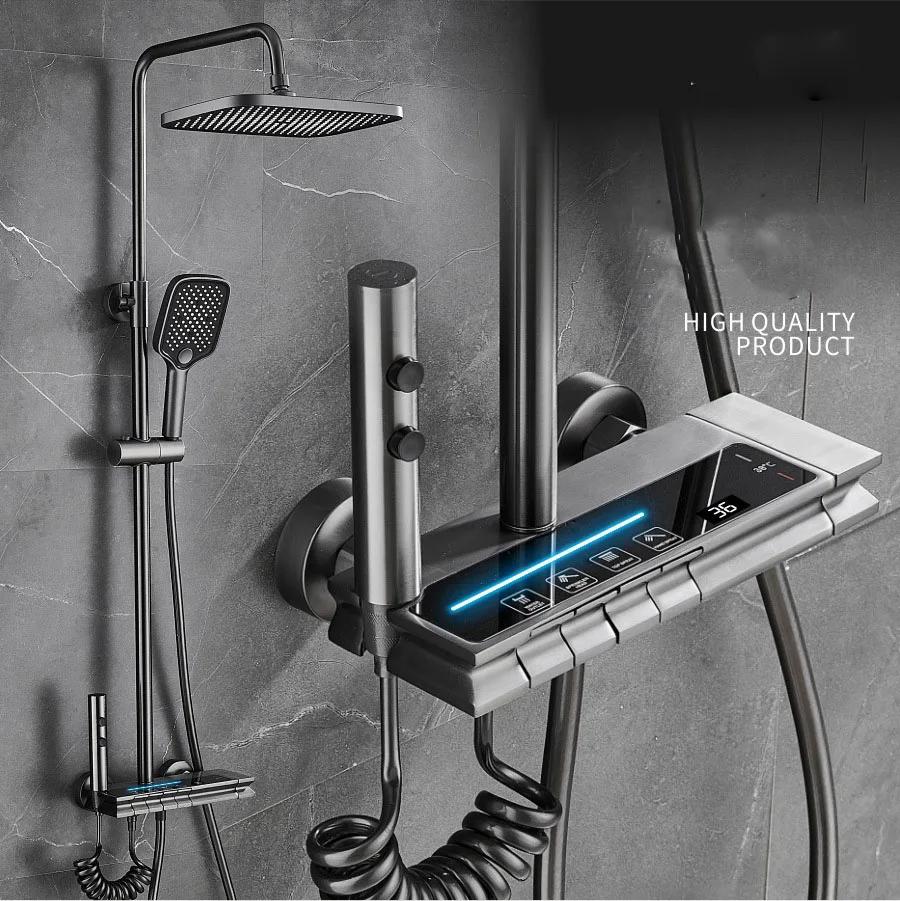 

Brass Bathroom Digital Waterfall Wall Mounted Shower System Set Rain Piano Smart Massage With Thermostat