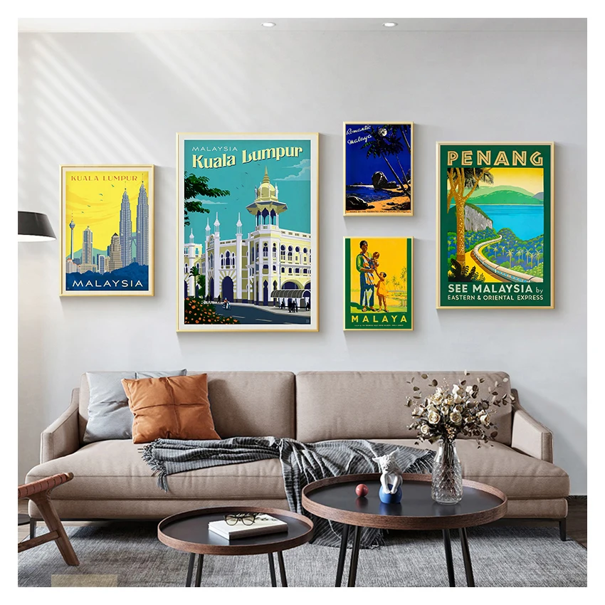 Lumpur Travel Canvas Paintings Vintage Wall Kraft Posters Coated Wall Stickers Home Decor Gift Visit Malaysia Penang Beach Kuala