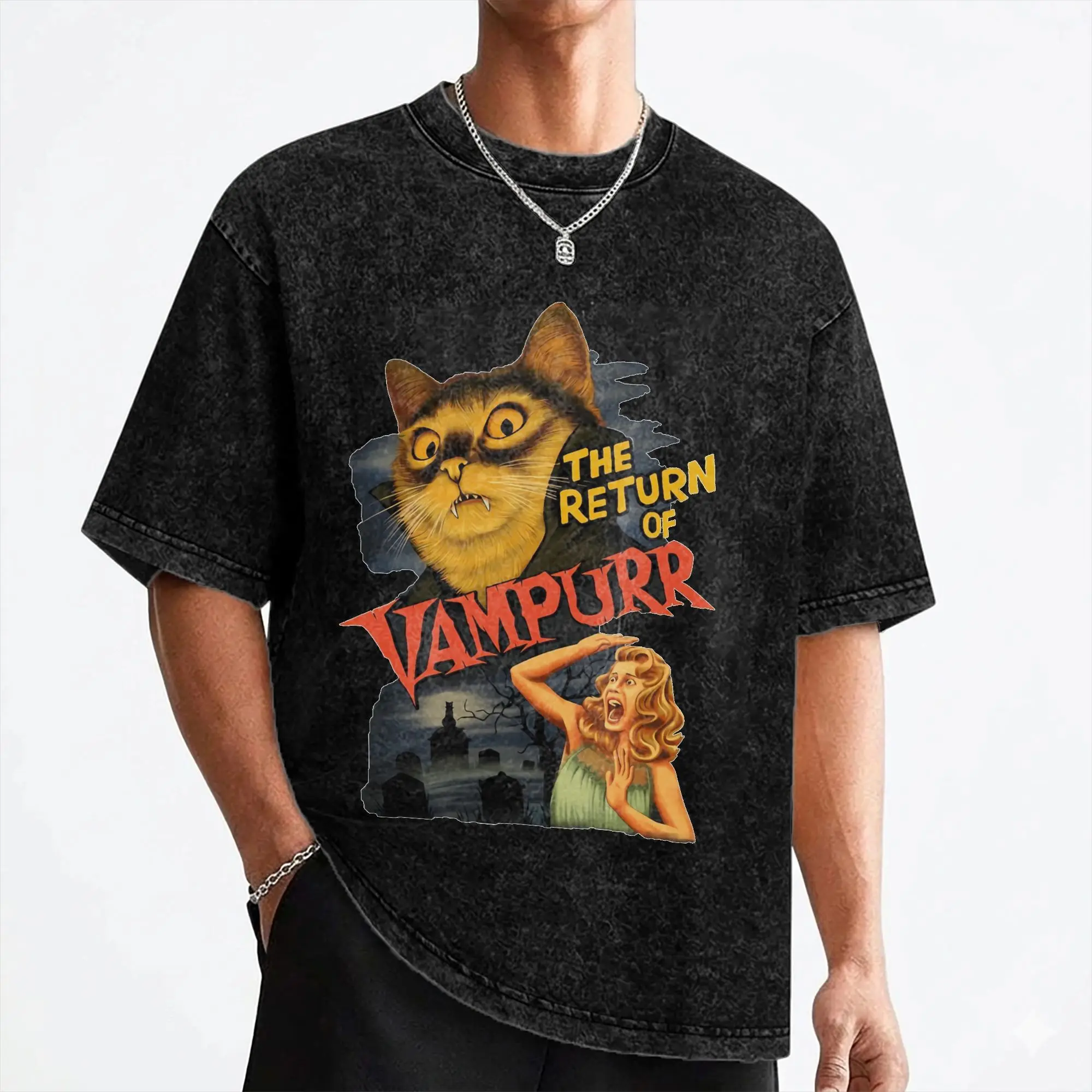 The Return of Vampurr  T Shirts Washed Short Sleeve High Street T-Shirts Halloween Cat for Men Women Streetwear Printed Tees