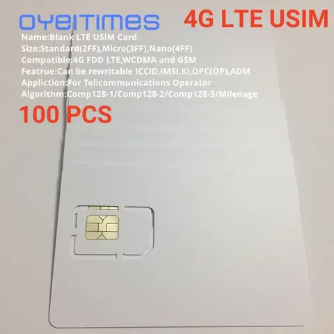 쓰기 가능 프로그램 가능 빈 SIM USIM 카드, 마이크로 나노 크기, 4G LTE WCDMA GSM 나노 마이크로 SIM 카드, 2FF, 3FF, 4FF, 3 인 1, 100 개/로트
