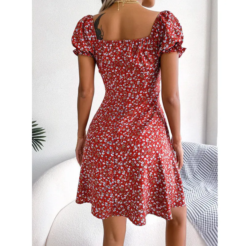 Floral Print Rüschen Lace Up Chic Süße Kurzarm Strand Mini Kleid Frauen Sommer Mode Sexy Backless Hohe Taille Schlank kleider