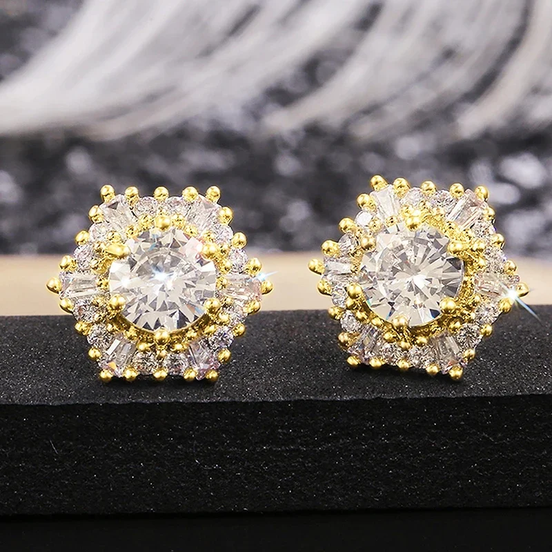 Huitan Sparking Luxury Cubic Zirconia Stud Earrings Female Hexagonal Shaped Brilliant Ear Accessories Exquisite Wedding Jewelry