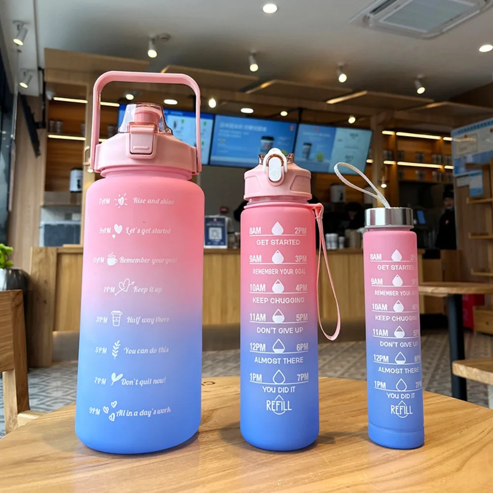 3 Pieces 2000ML/750ML/280ML Water Bottle Large Capacity Gradient Color Portable Straw Cups Plastic with Time Scale