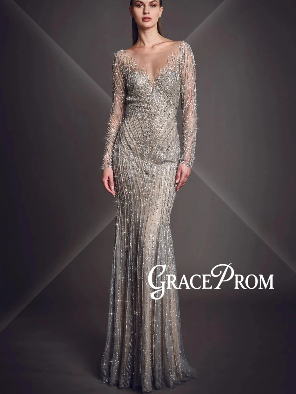 

GRACEPROM Silver Sequined Mermaid Evening Dress Long Sleeve Beaded Sexy Open Back Formal Prom Gown Customized For Women