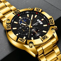 NIBOSI Fashion Watches For Men Luxury Original Classic Quartz Clock Analog Chronograph Sport Waterproof Steel Gold WristWatch