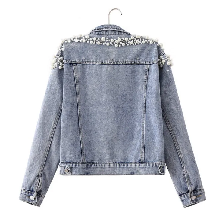 Vintage Pearl Embellished Denim Jacket for Women Washed Blue Jean Coat Long Sleeve Button Down Casual Streetwear Outerwear