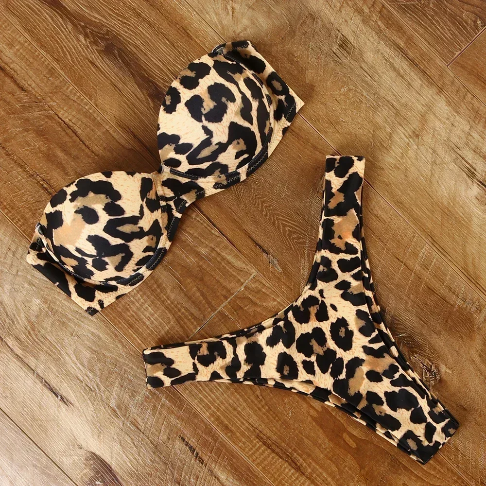 Conjunto sexy de biquíni leopardo para mulheres, sutiã push-up, roupa de banho de duas peças, moda praia de cintura baixa