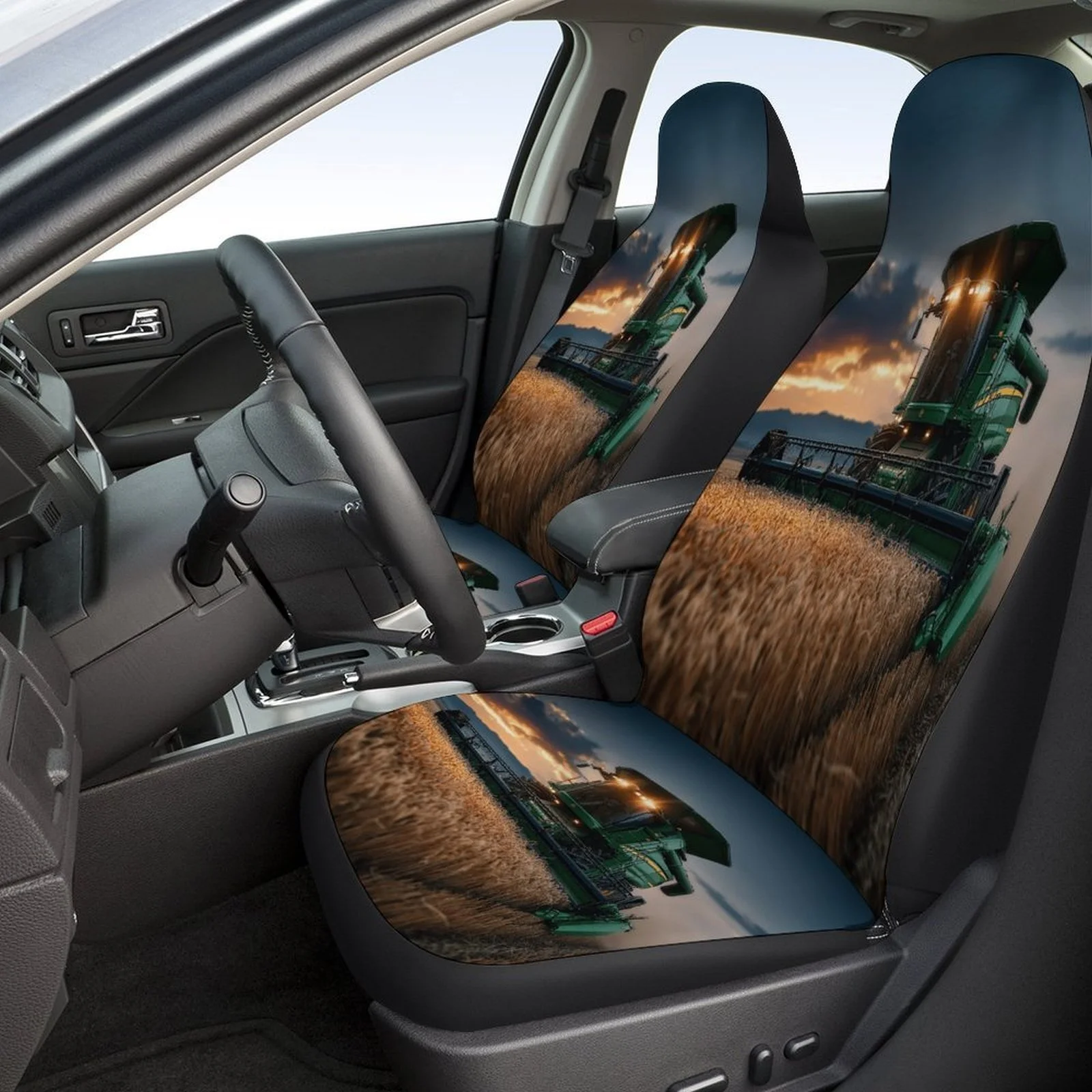 Harvester Field Sunset Themed Car Seat Cover Set For Most Cars, Decorative Trendy High-quality Car Seat Protector Covers Full Se