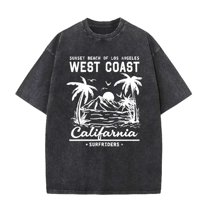 Vintage Washed T Shirt West Coast California Sunset Beach Palm Tree Surf Print Oversized Retro Street Short Sleeve Tee AsianSize