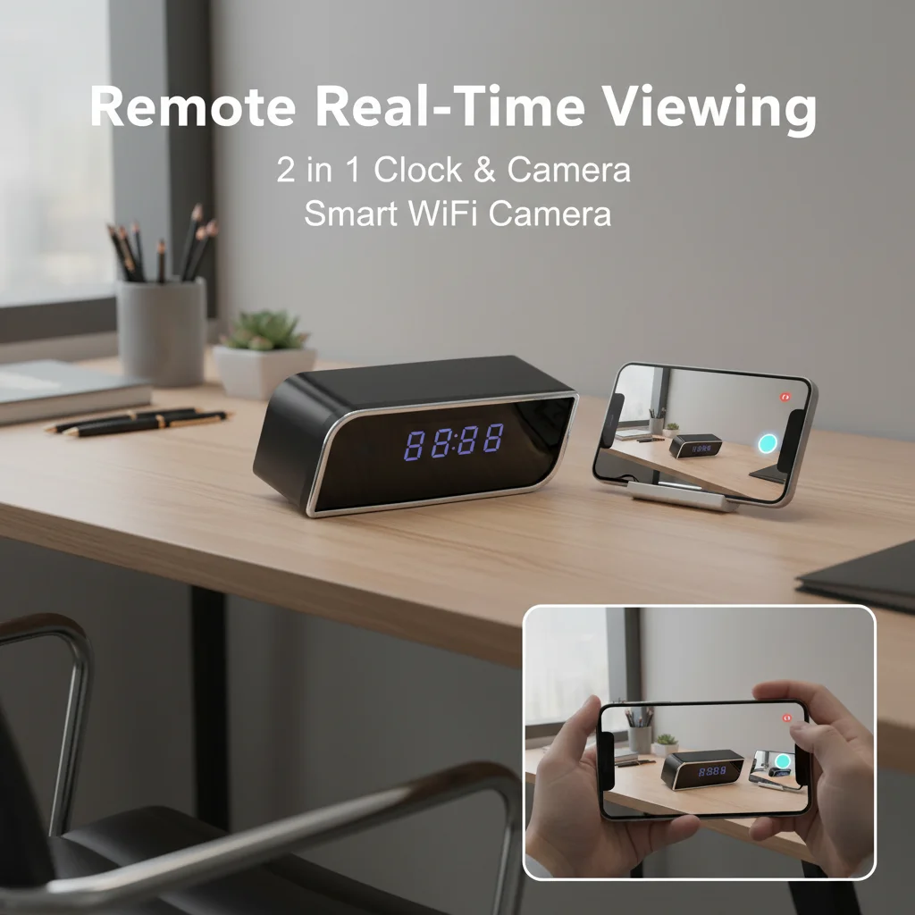 

Alarm Clock Camera 2-in-1 with 16GB SD Card: Time Display & Recording, 1080P FHD, Night Vision, 2600mAh Battery