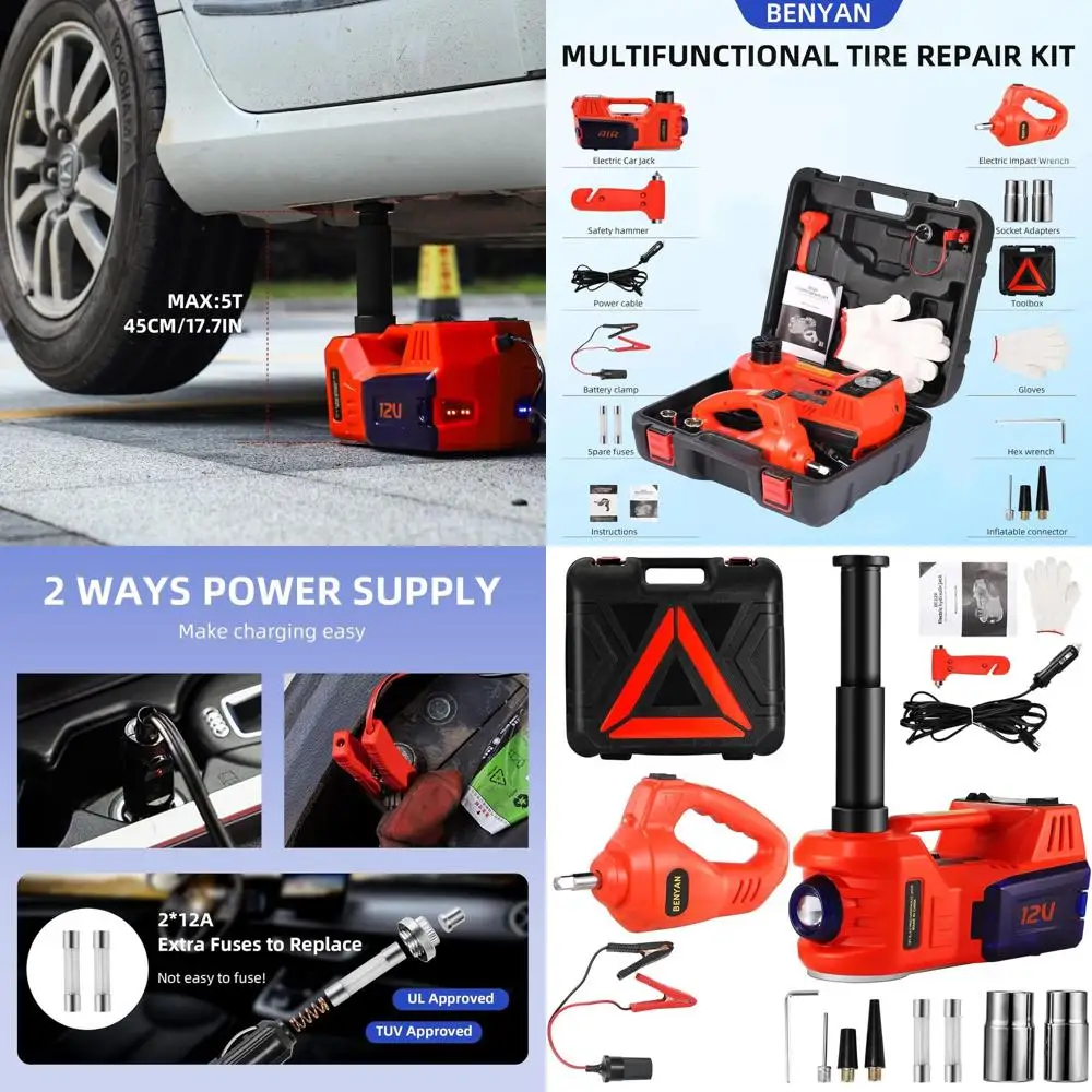 

12V Portable Hydraulic Car Jack Kit for 5 Ton Vehicles with Impact Wrench, Tire Inflation Pump, LED Light, and Adjustable Height