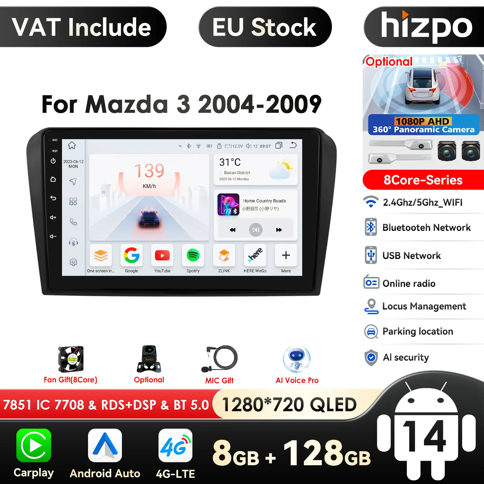 8Core Android 14 Carplay für Mazda 3 2004 2005 2006 2007 2008 2009 Autoradio mit BOSE Multimedia Player 2 Din Stereo GPS Navi