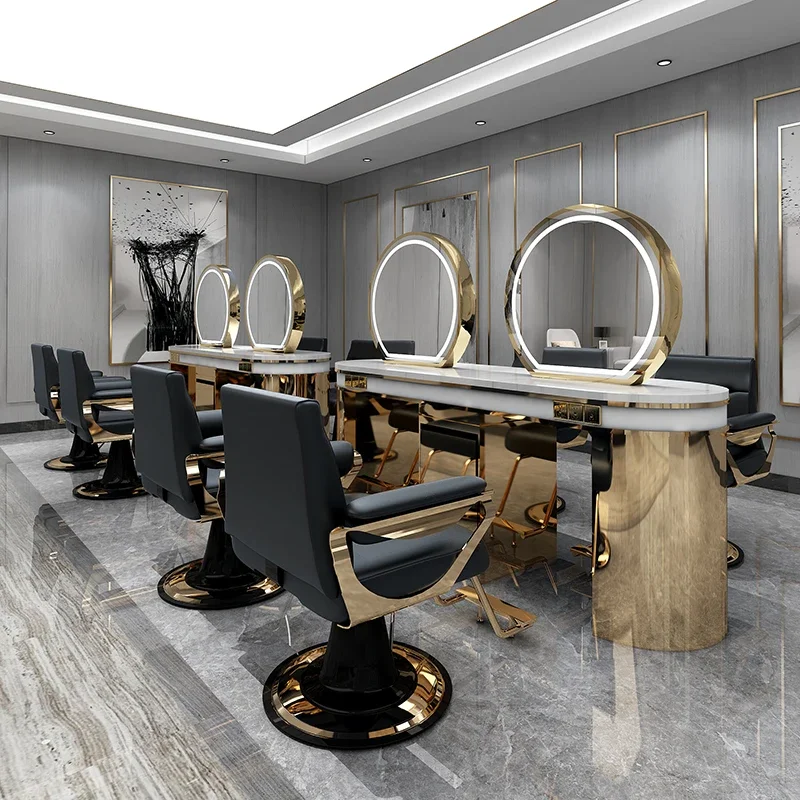 

Internet celebrity men's barber shop single and double mirror table hair salon with lamp marble perm and dye mirror hair salon