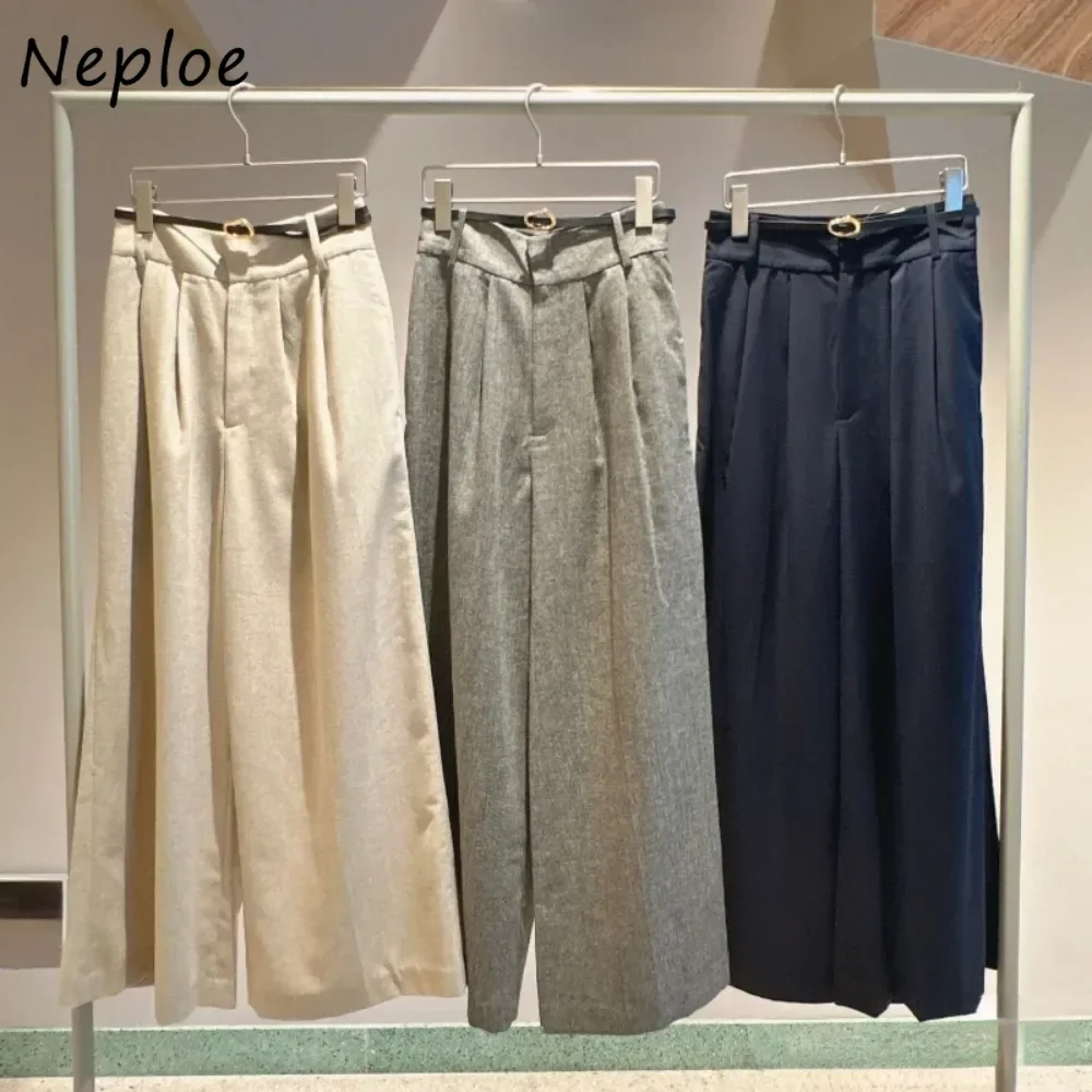 

Neploe High Waist Loose Casual Mid-length Trousers All-match Slim Ruched with Belt Wid Leg Pants Japan Straight Soft Sweatpant