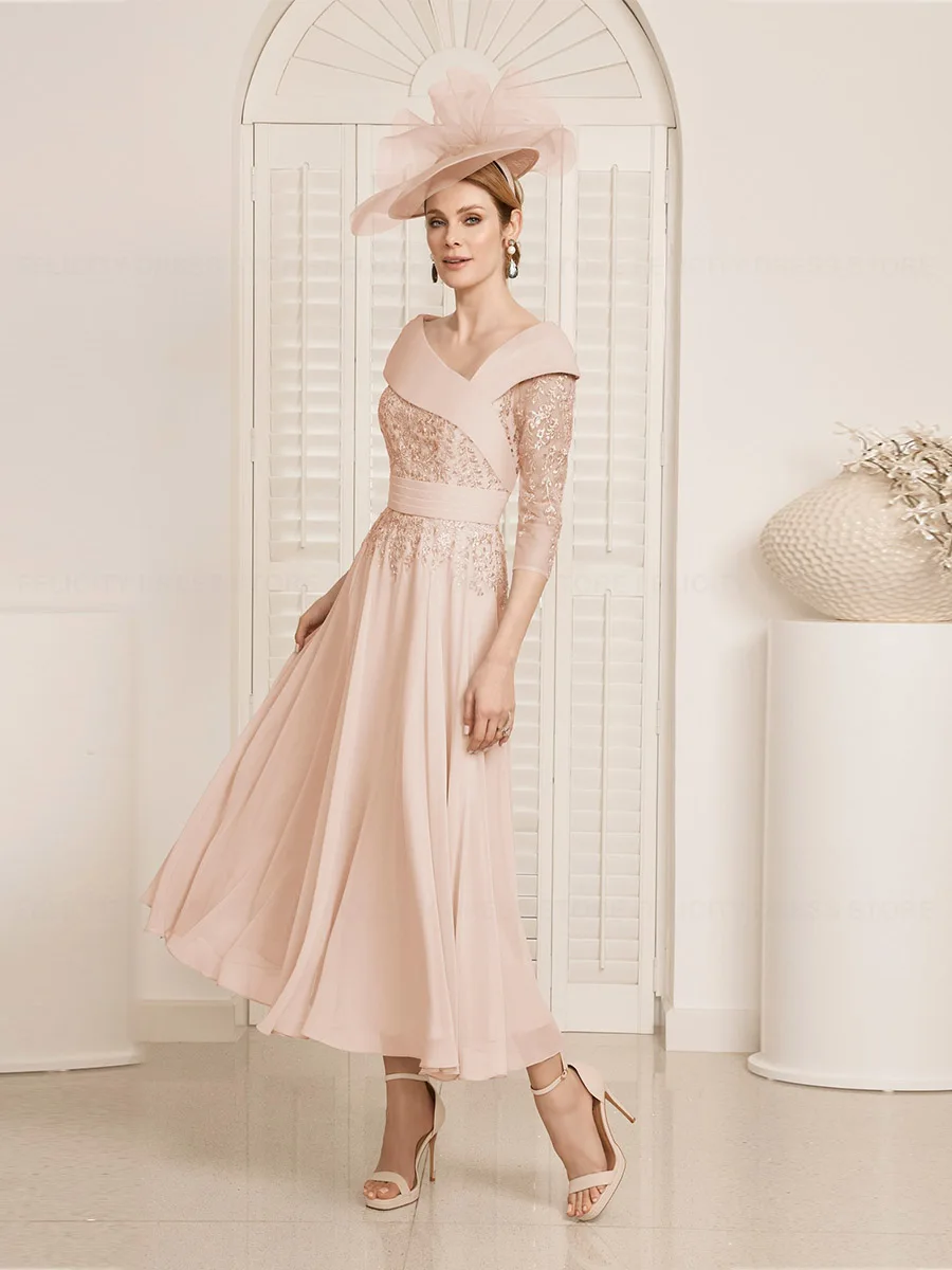 Elegant Mother of the Bride Dresses 2025 Customized A-line Tea-Length Lace Pleated Formal Prom Wedding Guest Party Dresses