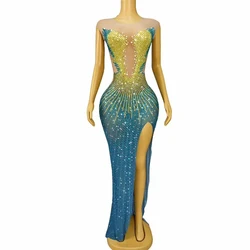 Sexy Special Designed Elegant Evening Gown Blingbling Rhinestones High Split Dress Birthday Party Outfit Performance Costume