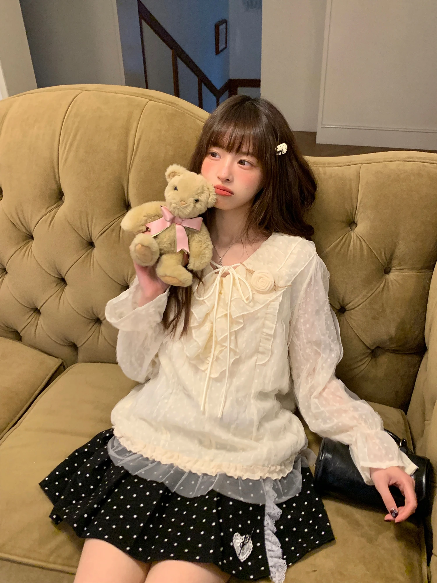 

Женская приталенная блузка BibiBency Sweet Sle Long Sve с принтом роз, кружевной отделкой и узлом, из полиэстера, весна