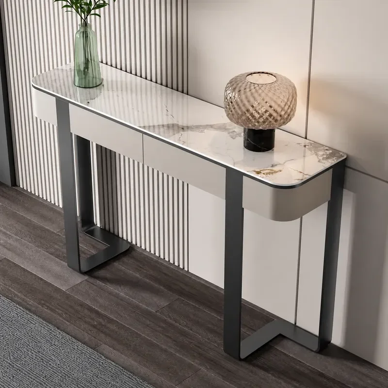 Modern Light Luxury Entryway Cabinet Wall Mounted Entrance Table with Rock Slab Top Simple Corridor Aisle Storage Console