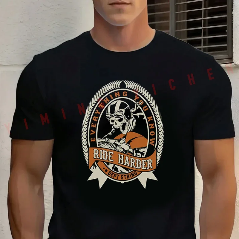 

Vintage Skull Ride Harder Print Motorcycle Fashion T-shirt Cotton Summer Short Sleeve Men's Trend Clothing