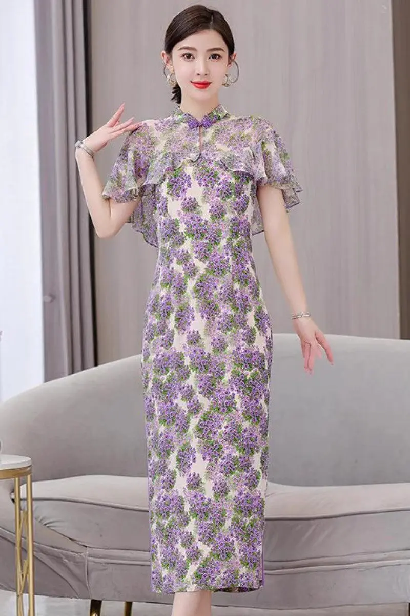 2023 Zomer Paarse Jurk Met Cape Mouwen Vrouwen Mode Elegante Slanke Hoge Split Retro Print Bloemen Verbeterde Qipao Z1814