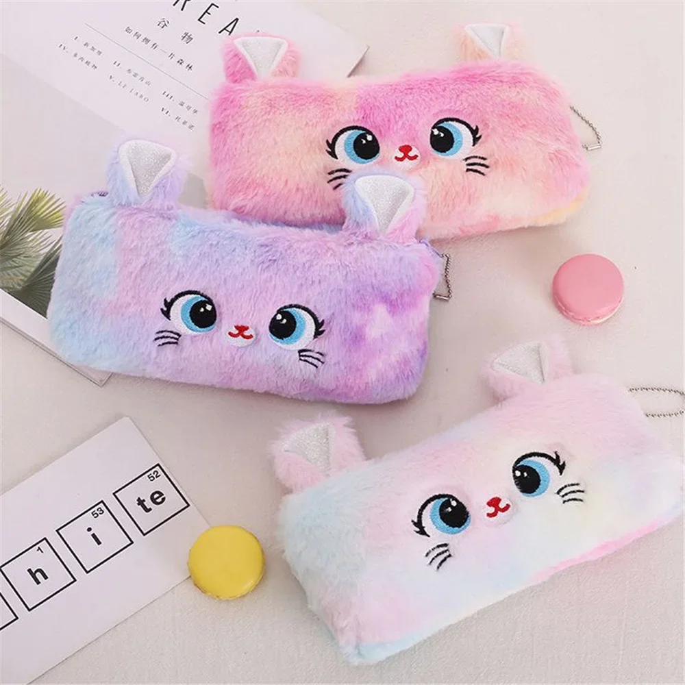 Kawaii Cat большая вместительная сумка-карандаш на молнии, красивая мультяшная креативная плюшевая сумка-карандаш для девочек, сумка для хранения канцелярских принадлежностей