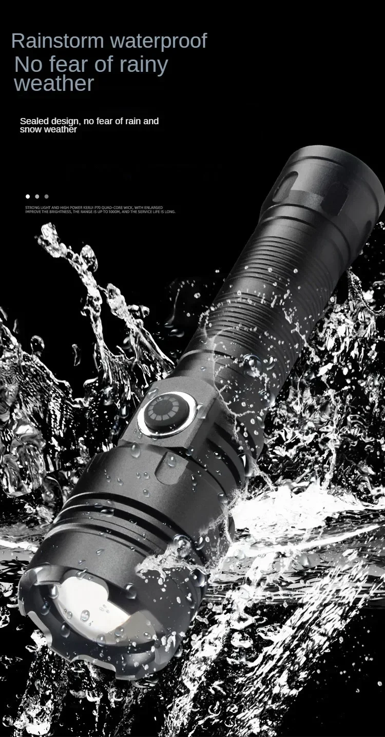 Multi-Functional Outdoor Strong Light LED Long-range Telescopic Zoom Flashlight, Aluminum alloy USB Rechargeable Flashlight