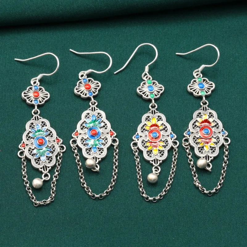 Langyan 925 Sterling Silver Enamel Small Flower Drop Earrings Jewelry Retro Ethnic Ruyi Long Tassel Earrings for Women EH258