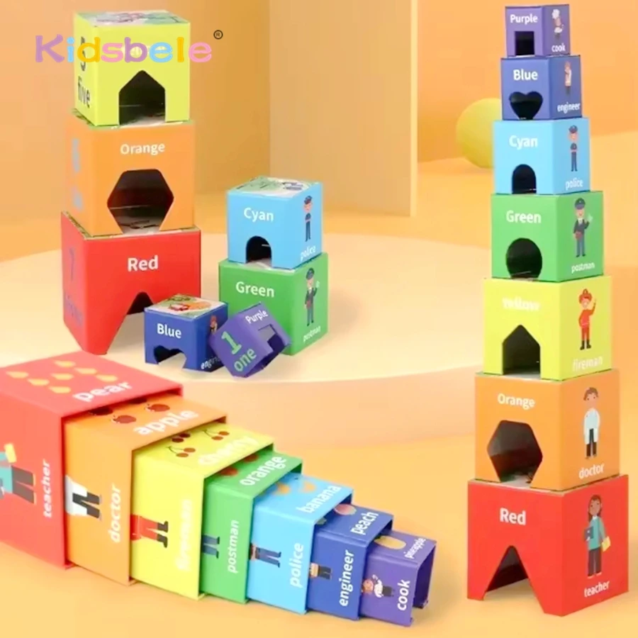 Kinder pädagogische 7-teiliges Stapel-Lernboxen, Farbnummer, Fruchtform, Verkehr, Erkenntnis, Kleinkind, Montessori-Bausteine, Spielzeug