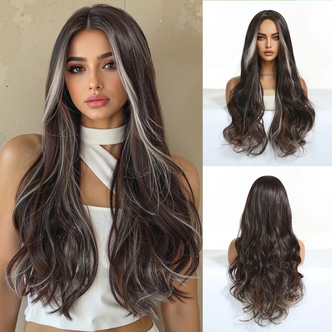 

ALAN EATON Темно-коричневые платиновые блики Длинные волнистые синтетические парики для женщин Парики из волос Средняя часть Термостойкое волокно Ежедневно