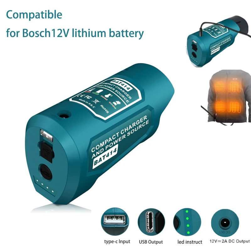 Metropolitan Jacket Battery Charger 12V, Bosch 10.8-12V Adapter, 24.com Charger, BAT411, BAT414 with USB and type-c