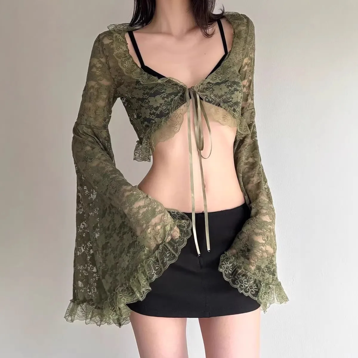 Y2k Sweet Vintage Green Cardigan Tops Summer Sexy Women's Blouses Harajuku Lace Sun Protection Shirts Blusas