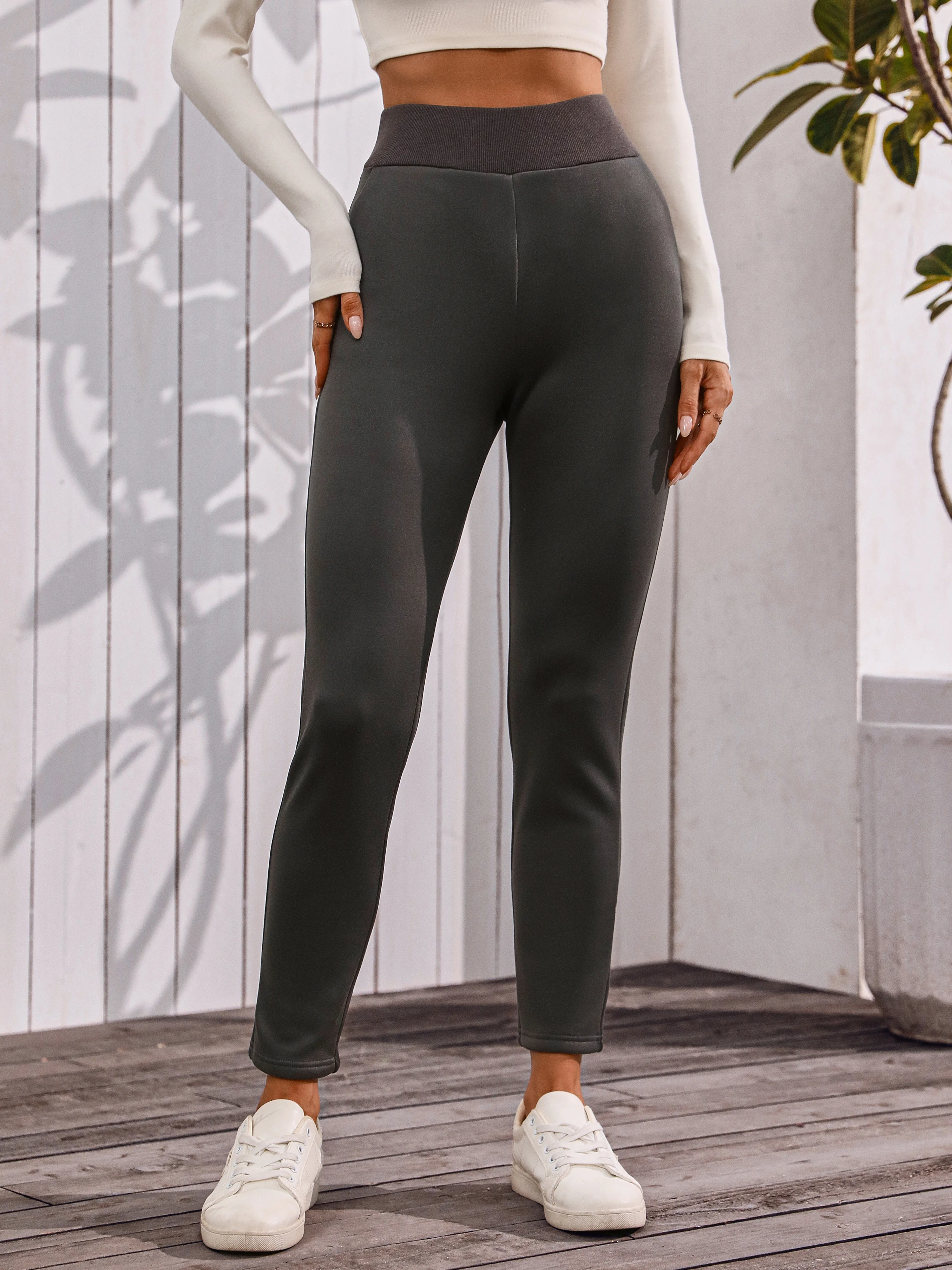 Women Fleece Lined Warm Leggings Wide Rib High Waist With Side Pockets Solid Slim Fit Ankle Length Thermal Trousers