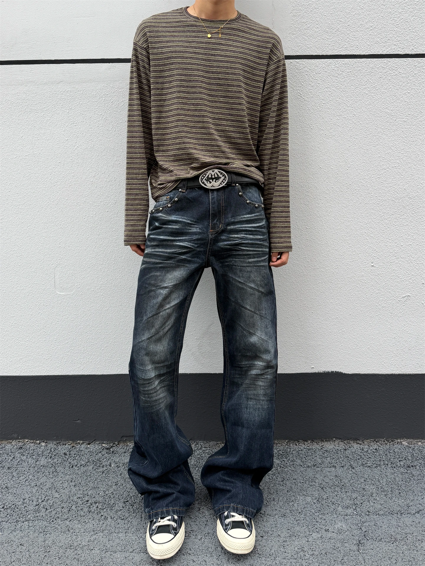 Men's Straight Leg Jeans mid Waist Clean Fit Fashion Urban Style with Diamond Stitching Washed out Scratches British Flag Pat...